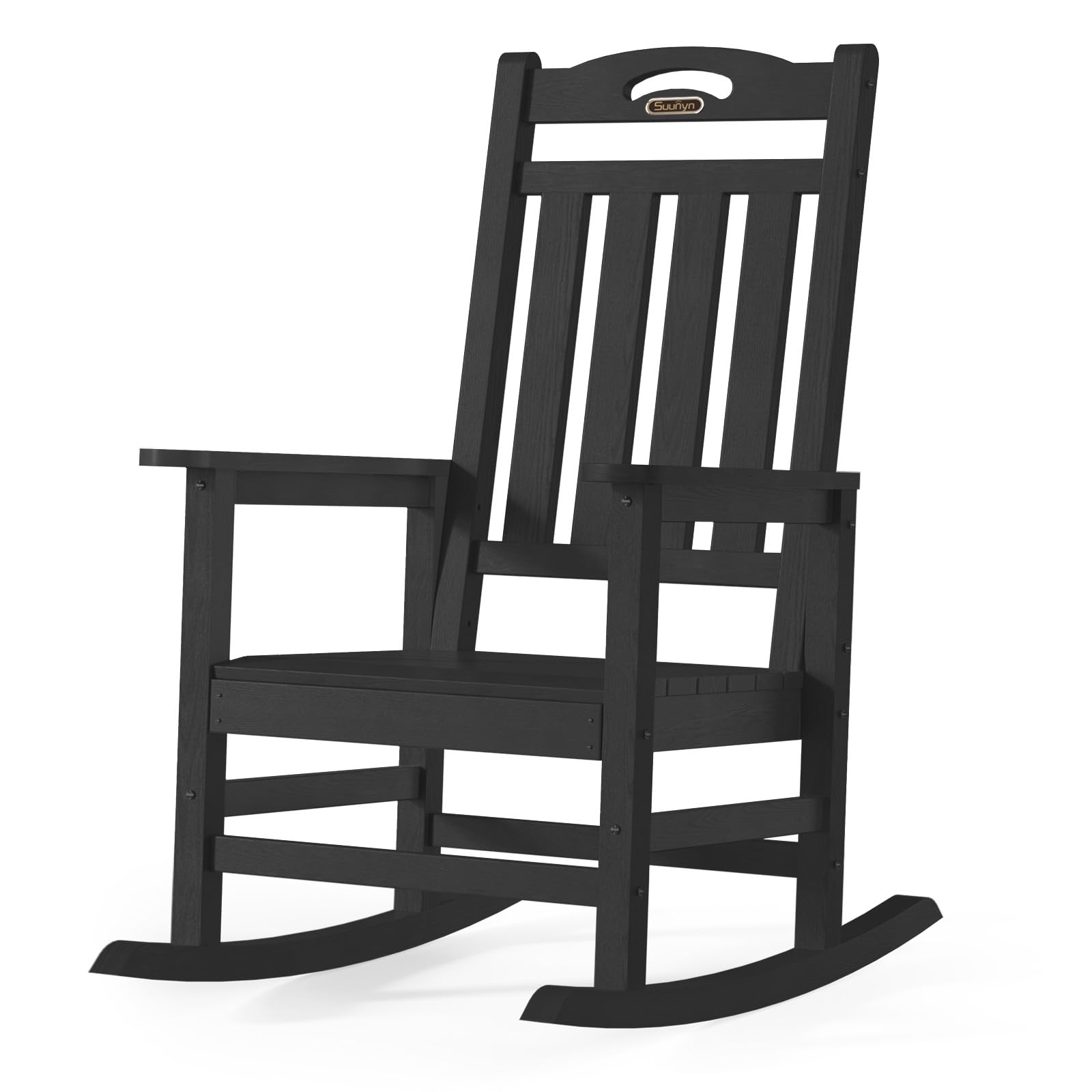 Oversized High Back Porch Rocking Chair for Outdoor Patio, HDPE All Weather Black Rocking Chair, 380lbs Weight Capacity,