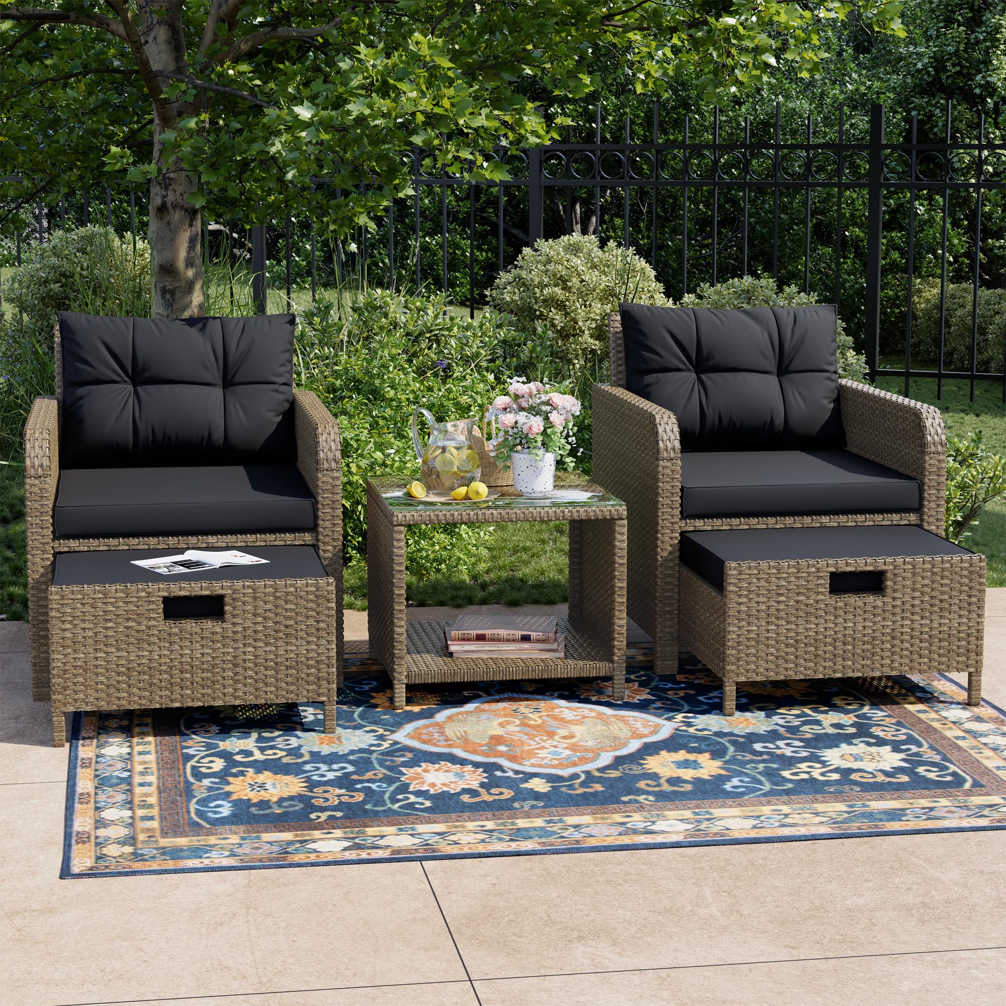 Balcony Furniture 5 Piece PE Wicker Patio Conversation Set for Outdoor Use with Cushions and Glass Table